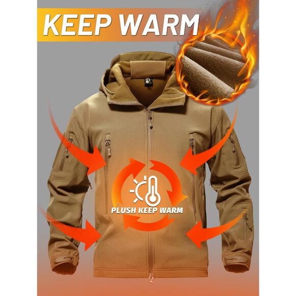 Men's #10-sand Tactical Soft Shell Winter Jacket with Fleece Lining & Hood - Picture 3 of 6